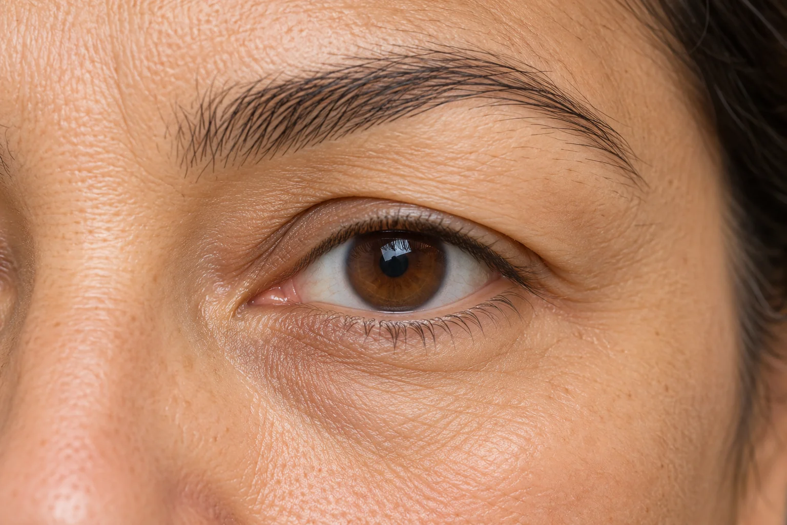 AI-generated close-up with an overlying upper eyelid fold concealing the crease