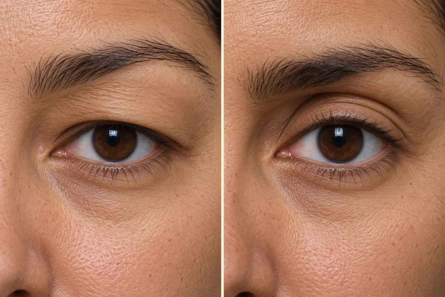 AI-generated comparison of skin covering a crease and a recessed eye area with a visible crease