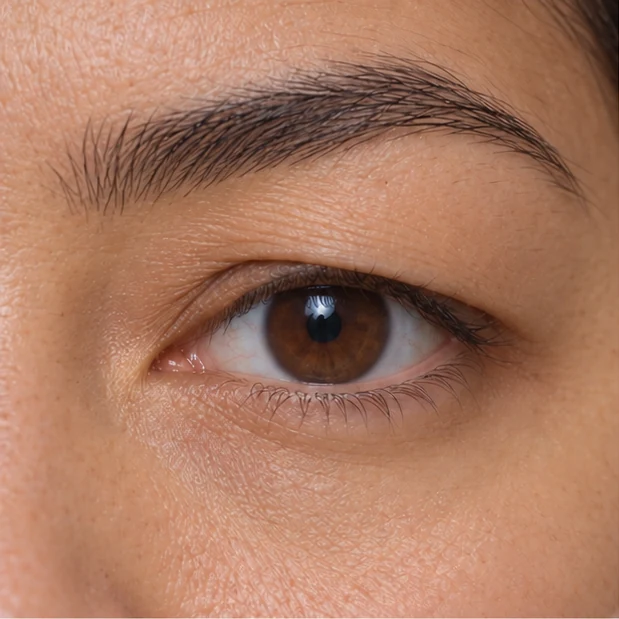 AI-generated hooded eye example with a covered upper eyelid crease