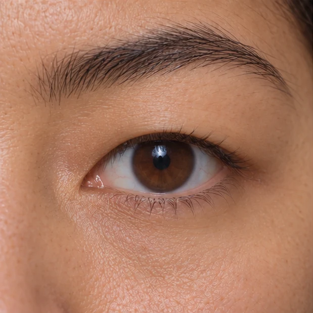 AI-generated monolid example without a separate externally visible upper eyelid crease